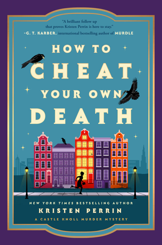 How to Cheat Your Own Death book cover by Kristin Perrin. Multicoloured apartment buildings, some with lights on. Street lights and a sidewalk where a shadow is running.